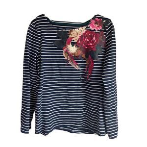 Joules Striped Floral Sweater Harbor Print Long Sleeve Birds Blue White Size 12